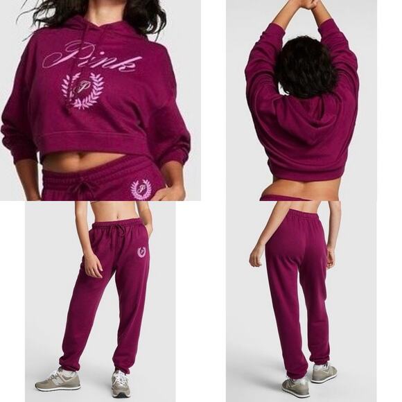 NWT Victoria’s Secret PINK Vivid Magenta Fleece Cropped Hoodie & Jogger. Size XS - Picture 1 of 10
